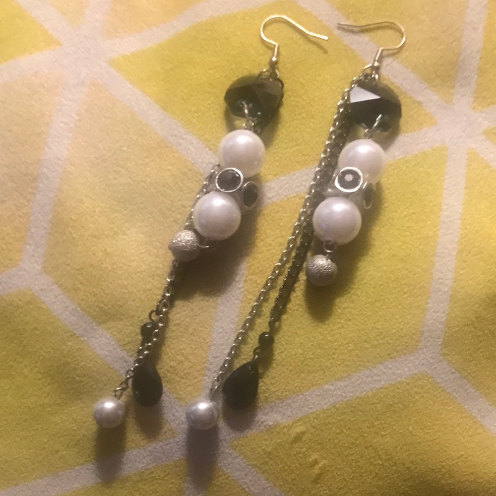 love, Savvy Handcrafted Black Crystal, Pearl and Beaded Dangle Earrings